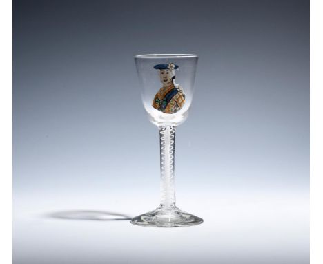 A rare Jacobite wine glass  c.1760-80, the round funnel bowl enamelled with a polychrome portrait of Prince Charles Edward St