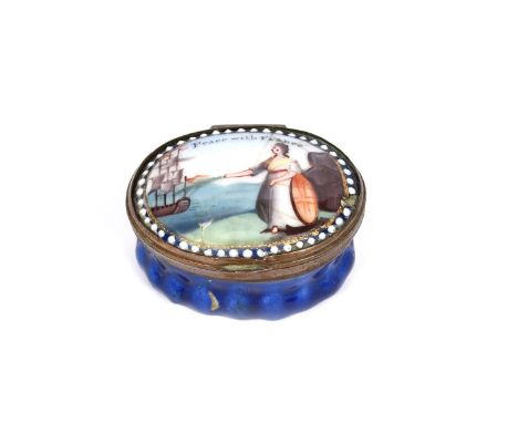 A South Staffordshire enamel commemorative patch box  c.1802, painted with Britannia standing on the shore and pointing at a 