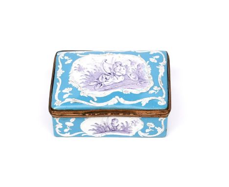 A South Staffordshire enamel snuff box  c.1765-75, the rectangular form painted in purple monochrome with panels of figures, 
