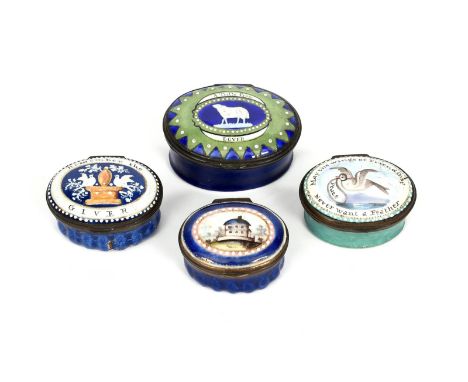 Four English enamel patch boxes  c.1780-1800, the largest painted with a sheep and inscribed 'A Trifle from Dover', one with 