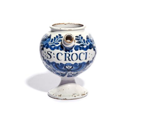 A delftware wet drug or syrup jar  mid 18th century, the globular body painted in blue with the inscription 'S: CROCI:' withi