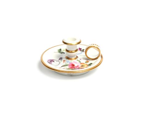 A Nantgarw taperstick  c.1818-20, finely painted with a spray of flowers including a tulip and a pink rose, modelled with a n