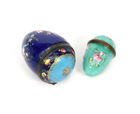 Two enamel egg bonbonnières  c.1780-1800,  the larger moulded and painted with a continuous band of birds, butterflies and fl
