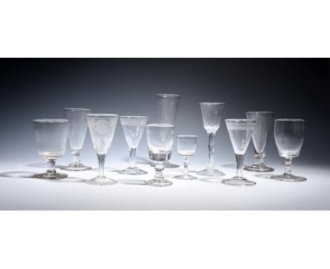 Eleven various drinking glasses  late 18th and 19th centuries, three with trumpet bowls on knopped stems, three with engraved