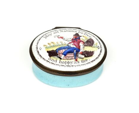 An English enamel patch box  early 19th century, decorated with a toper sitting on a barrel and holding a tankard in each han