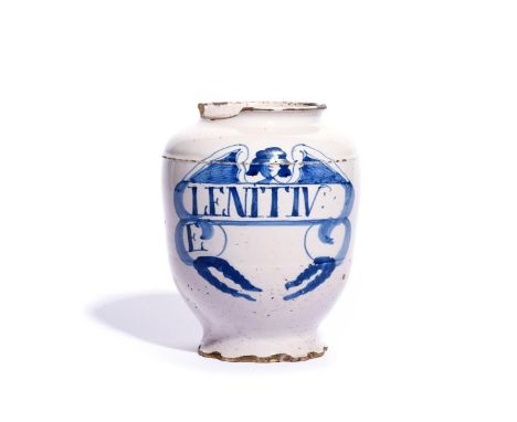 An early delftware dry drug or pill jar  c.1680, painted in blue with an angel with outstretched wings above a banner inscrib