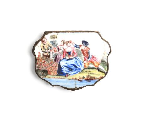 A Battersea enamel snuff box c.1755, the flattened shaped form decorated with Les Amusements Champetres after Watteau, with f