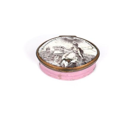A South Staffordshire commemorative patch box  c.1790-1800, the navette shape printed with Britannia and a lion seated and ho