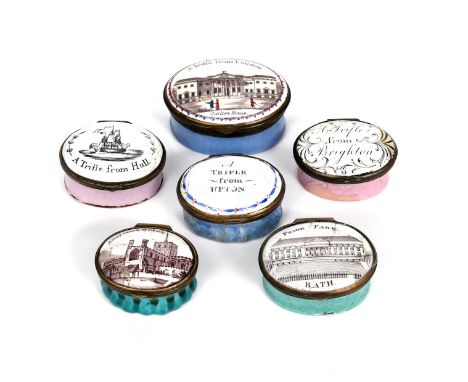 Six English enamel geographical patch boxes  c.1760-1800, the oval forms variously inscribed 'A Trifle from Brighton', 'A Tri