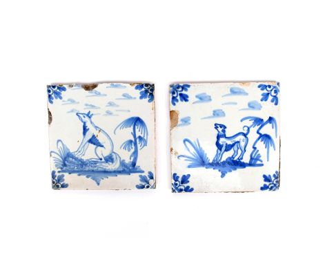 A pair of London delftware tiles  c.1740, painted in blue, one with a seated fox, another with a sheep or other cloven-hoofed