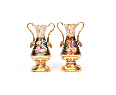 A rare pair of Spode vases  c.1815-20, the pear-shaped forms painted in pattern 1166 with colourful flower arrangements on a 