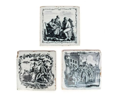 Three Liverpool delftware tiles  c.1760-70, printed in black by John Sadler, one with 'The baby's toilet' from an engraving b
