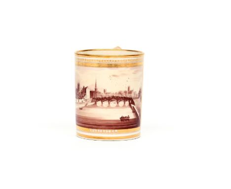 A Grainger's Worcester mug  dated 1814, the cylindrical form finely painted in sepia with a titled view of Worcester within a