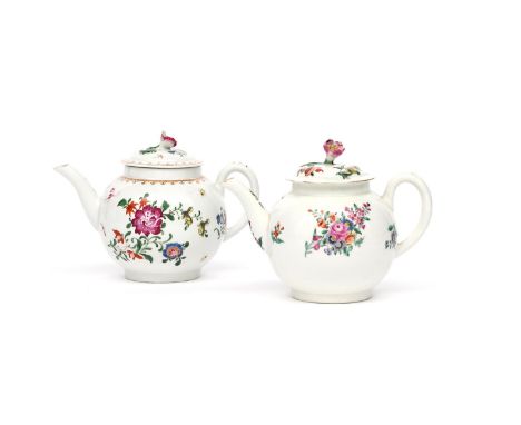 Two Worcester teapots and covers  c.1770-80, well painted with colourful flower sprays, one with a gilt spearhead border, the