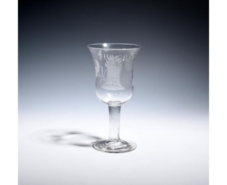 A glass goblet of possible Jacobite significance c.1750-60, the generous bell bowl engraved with the Great Bell of Lincoln, t