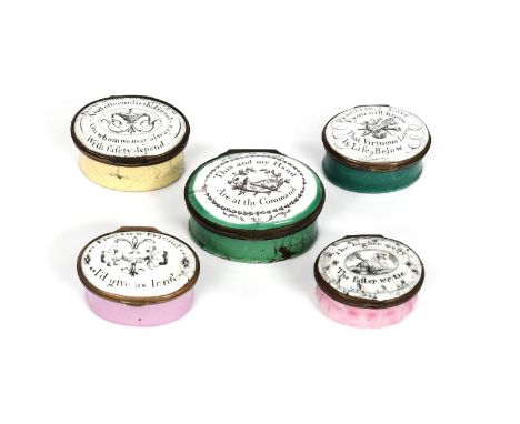 Five English enamel patch boxes  c.1760-90, the oval forms variously decorated with inscriptions and motifs relating to frien