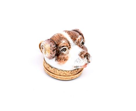 A porcelain bonbonniere or vinaigrette late 18th/19th century, modelled as the head of a dog with tongue slightly protruding,