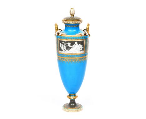 A Minton pâte-sur-pâte vase and cover  date code for 1884, finely decorated with pâte-sur-pâte on grey panels of Venus in a c