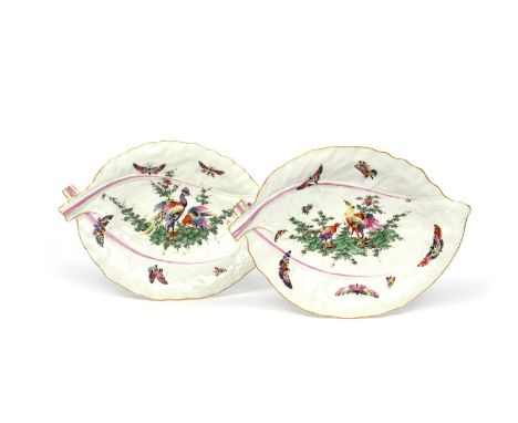 A pair of large Worcester leaf dishes  c.1768-72, each formed of two overlapping cos leaves, brightly enamelled with butterfl