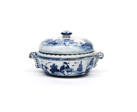 A London delftware broth bowl and cover  c.1690, the sides and cover painted with seated figures in a Chinese landscape, the 