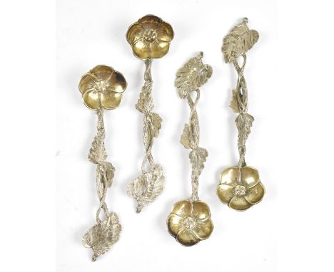 A set of four Victorian hallmarked silver foliate salt spoons, maker's mark rubbed, Birmingham 1852, length of each 9.3cm, ap