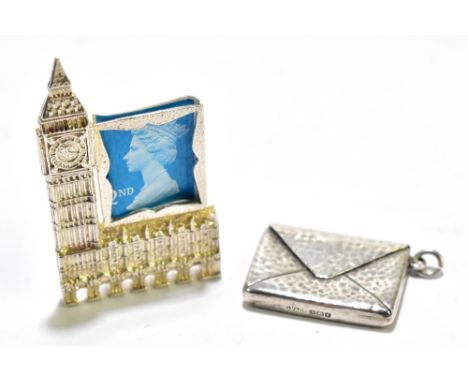 A C; an Elizabeth hallmarked silver novelty stamp holder modelled as Elizabeth Tower and the Palace of Westminster, London 19