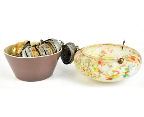 A group of oil and electric light fittings and a mottled glass ceiling lamp shade, diameter 31cm.Additional InformationFittin