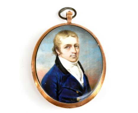 ATTRIBUTED TO JOHN WRIGHT; an 19th century watercolour portrait miniature, quarter length, of a gentleman looking to his righ