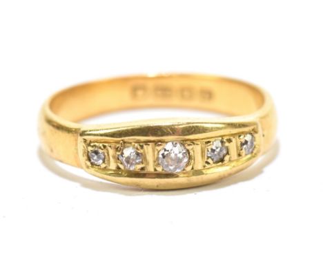 A 22ct yellow gold five stone diamond ring, approx size N, approx 4.5g.Additional InformationThe ring is slightly misshapen, 