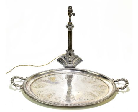 A large late Victorian silver plated twin handled tray of oval form with chased detail inside a cast rim, length 69cm, togeth