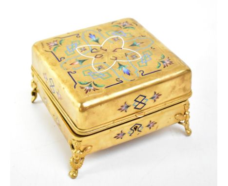 A 19th century French Palais Royale gilt metal and enamel jewellery casket, of square form, the exterior inlaid with geometri