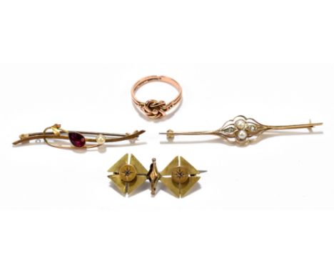 A 9ct gold ring modelled with a knot, weight approx 2.5g, with a 9ct gold ruby and pearl brooch, a diamond and pearl brooch a