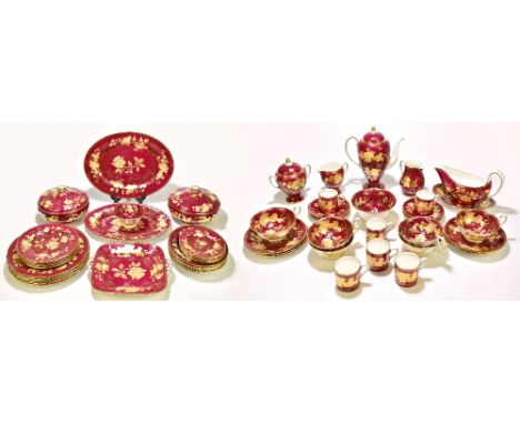 WEDGWOOD; a fifty-eight piece 'Ruby Tonquin' part tea and dinner service, factory marks and pattern number 2486 to base.Addit