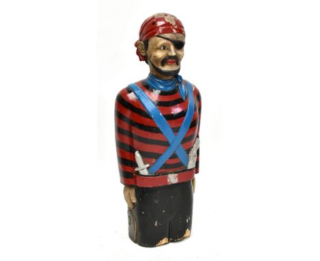 A late 19th/early 20th century carved and painted wooden figure head in the form of a pirate wearing an eye-patch, and with d