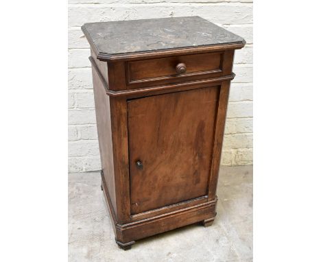 A late 19th century French walnut and pine bedside table, with marble top above a drawer and cupboard door on bracket feet, h