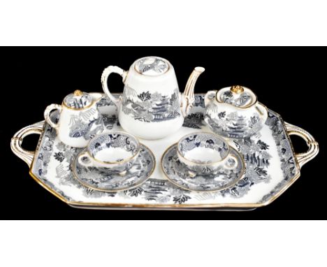 DAVENPORT; a 19th century transfer printed eight piece bachelor service, decorated in the 'Willow' pattern, comprising shaped