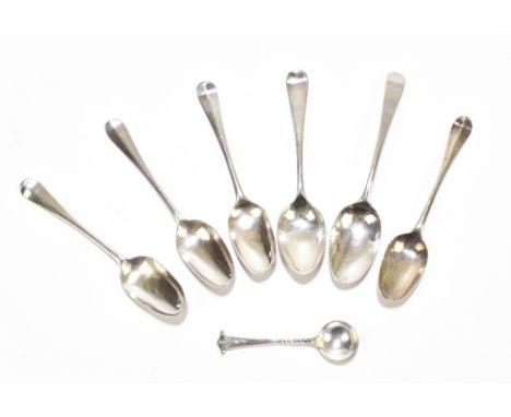 Six 18th century and later hallmarked silver teaspoons, to include three examples with cast shell detail to the reverse of th