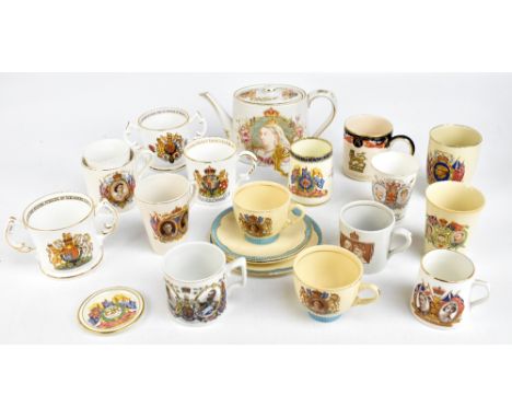 A collection of commemorative china, including a Clarice Cliff Elizabeth II coronation trio, a similar cup and saucer, Masons