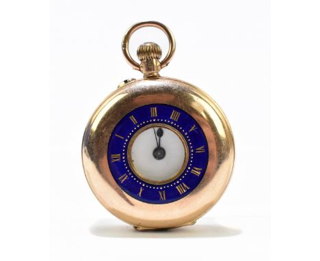 A 9ct gold and enamel half hunter fob watch, white enamel dial with Roman numerals, case numbered 174808, length 4.5cm inclus
