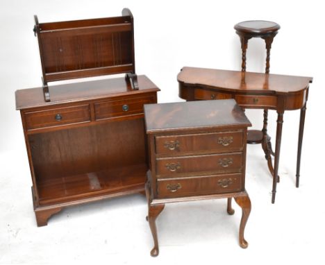 A reproduction bookcase, console table, three drawer chest, plant stand and magazine rack (5).