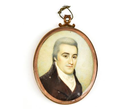 ATTRIBUTED TO JOSEPH BOWRING (1760-1817); watercolour on ivory, portrait miniature, quarter length, the gentleman looking to 