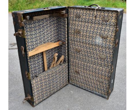 A metal bound cabin trunk with fitted interior, width 101cm, depth 56cm.