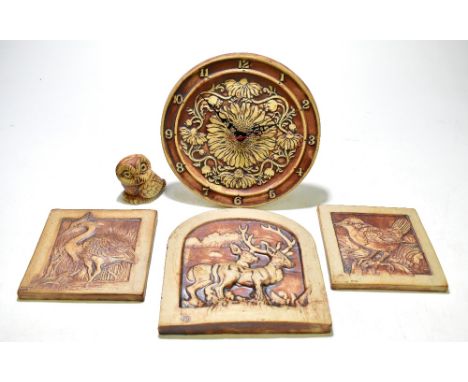 SIMONSBATH; two Studio Pottery tiles decorated with birds, each signed lower left, each approx. 15.5cm square, with a larger 