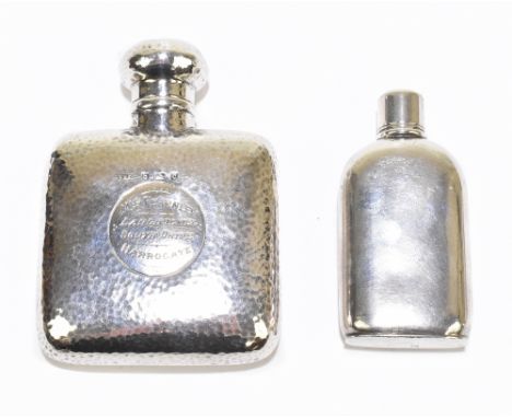 CORNELIUS SAUNDERS &amp; FRANCIS SHEPHERD; an Edwardian hammered hallmarked silver small hip flask with screw cap, Birmingham