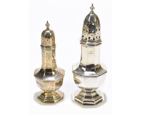 WILLIAM DAVENPORT; a George V hallmarked silver sugar caster of octagonal form, Birmingham 1931, together with a similar hall