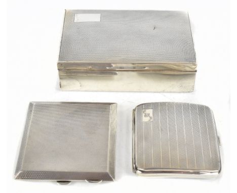 ALFRED DEELEY; a George V hallmarked silver mounted cigarette box, Birmingham 1934, width 13.5cm (af), and two engine turned 