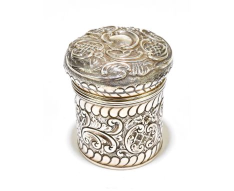 WILLIAM HAYES; a late Victorian hallmarked silver cylindrical tea canister and cover, the lid centred with a cartouche set wi