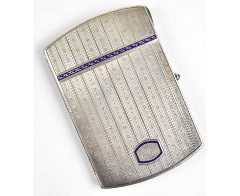 A 935 grade silver cigarette case with engine turned and enamelled detail, monogrammed 'EG', further stamped 'Sterling' to gi