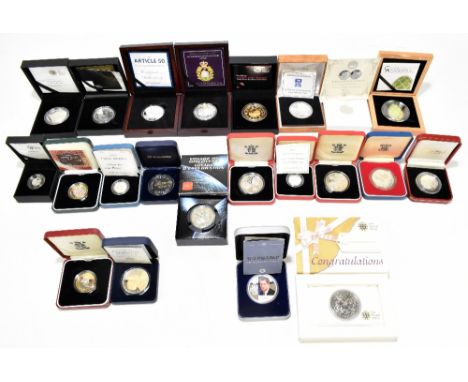 Twenty-one silver collectors' coins of varied standard size and issue including the world's first silver sovereign 2019, Cook