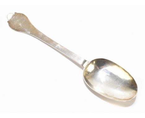 LAURENCE COLE; a James II hallmarked silver trefid spoon, the oval bowl with a raised rat tail, the reverse of the terminal w